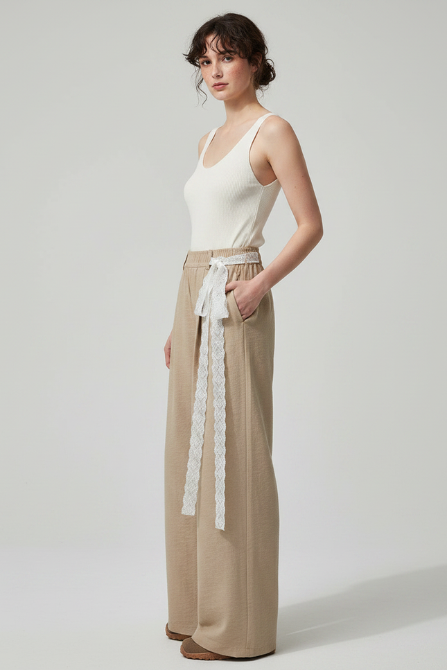 Pantalon Marron Fluide Ample Décontracté Ceinturé Femme - Beige Molleton
