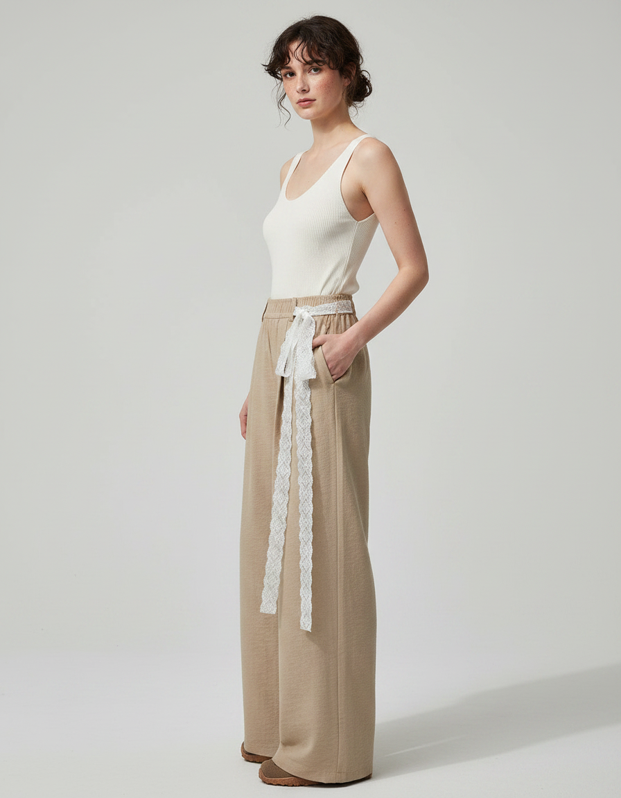 Pantalon Marron Fluide Ample Décontracté Ceinturé Femme - Beige Molleton