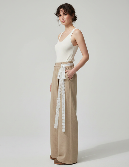 Pantalon Marron Fluide Ample Décontracté Ceinturé Femme - Beige Molleton