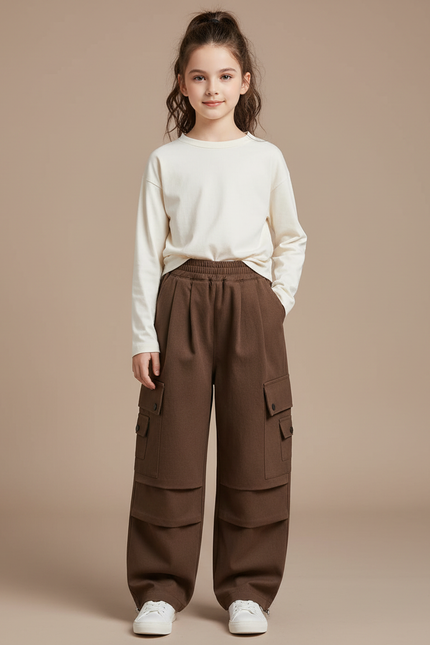 Pantalon Marron Cargo Ample Enfant Fille Poches - Molleton