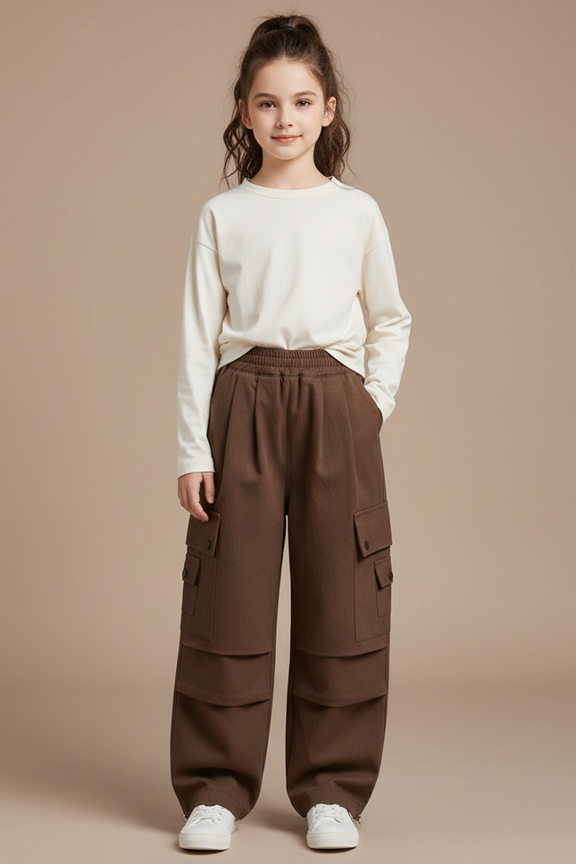 Pantalon Marron Cargo Ample Enfant Fille Poches - Molleton