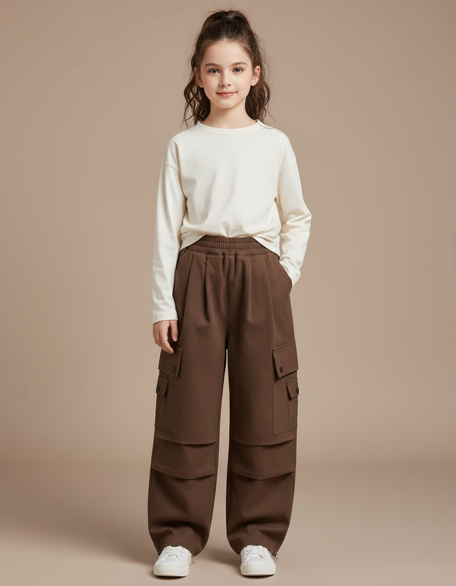 Pantalon Marron Cargo Ample Enfant Fille Poches - Molleton