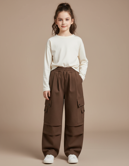 Pantalon Marron Cargo Ample Enfant Fille Poches - Molleton