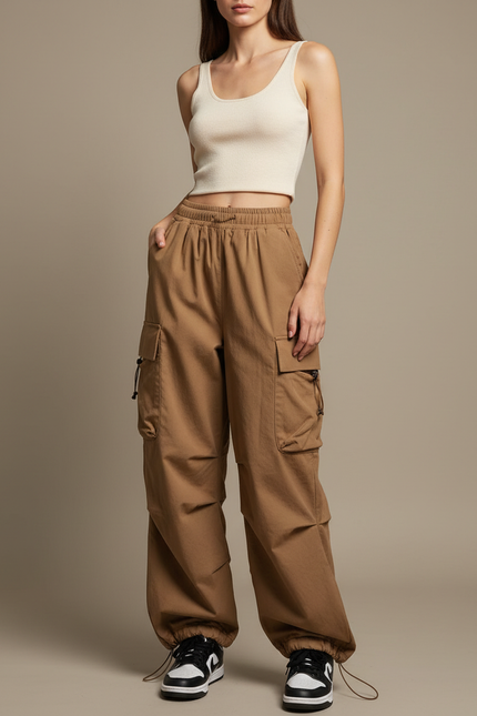 Pantalon Marron Cargo Ample Taille Basse Cordon - Gabardine