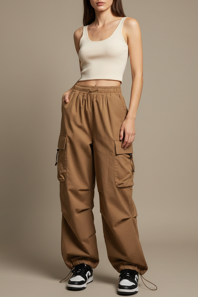 Pantalon Marron Cargo Ample Taille Basse Cordon - Gabardine