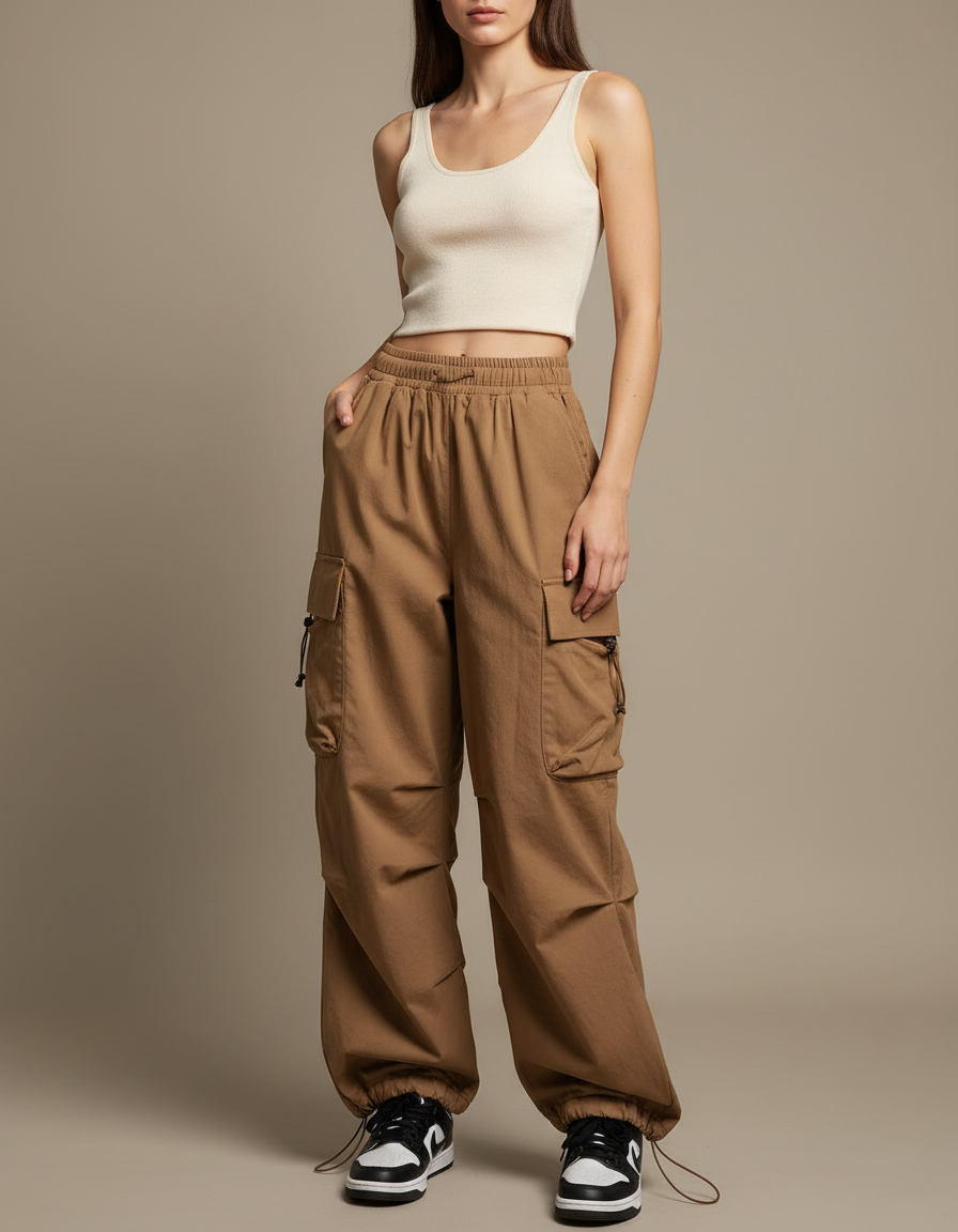 Pantalon Marron Cargo Ample Taille Basse Cordon - Gabardine
