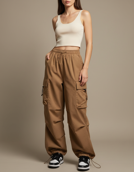 Pantalon Marron Cargo Ample Taille Basse Cordon - Gabardine