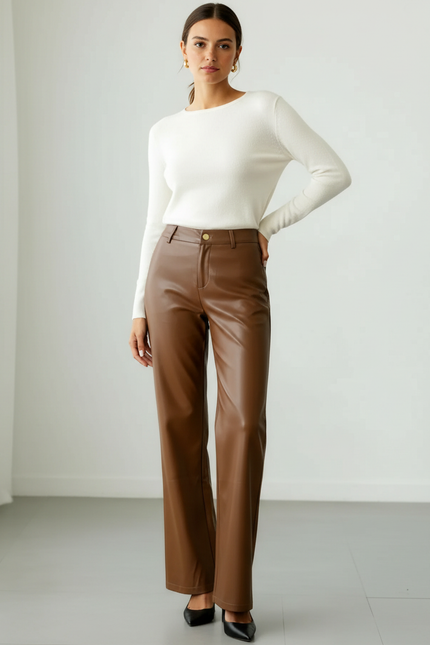 Pantalon Marron Similicuir Ample Taille Haute Droit - Simili cuir