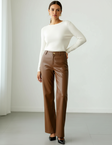 Pantalon Marron Similicuir Ample Taille Haute Droit - Simili cuir