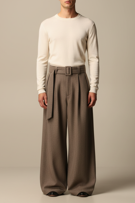 Pantalon Marron Drapé Ample Ceinturé Plissé Élégant Homme - Laine