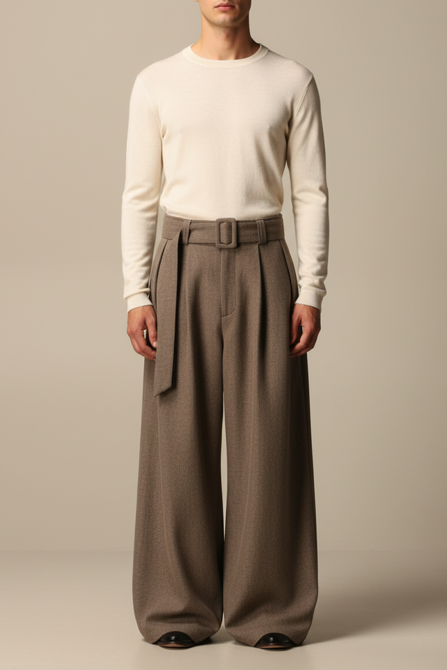 Pantalon Marron Drapé Ample Ceinturé Plissé Élégant Homme - Laine