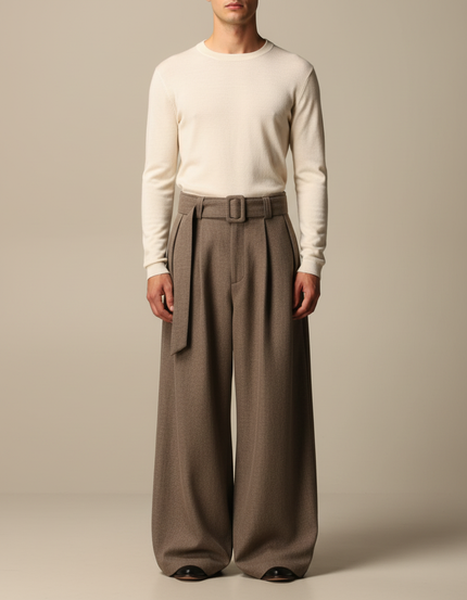 Pantalon Marron Drapé Ample Ceinturé Plissé Élégant Homme - Laine