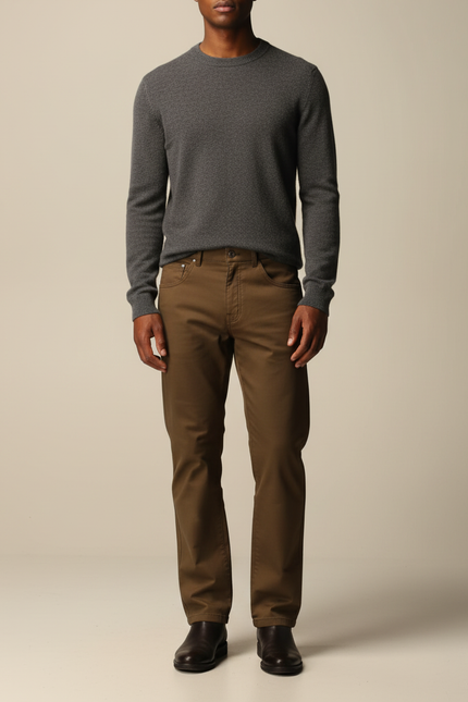Pantalon Marron Coupe Droite Uni Décontracté Homme - Kaki Coton