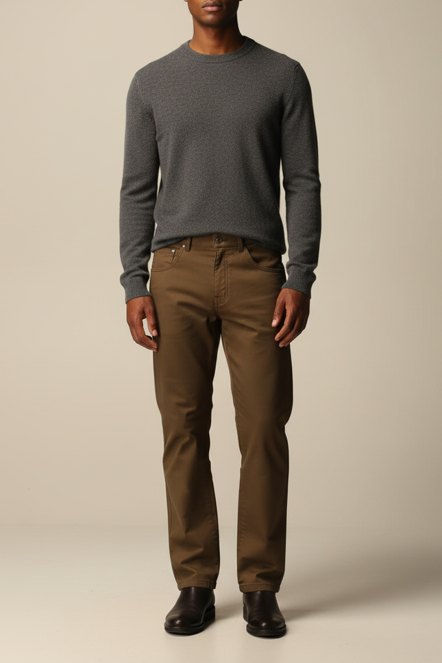 Pantalon Marron Coupe Droite Uni Décontracté Homme - Kaki Coton