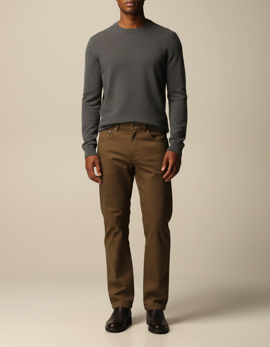 Pantalon Marron Coupe Droite Uni Décontracté Homme - Kaki Coton