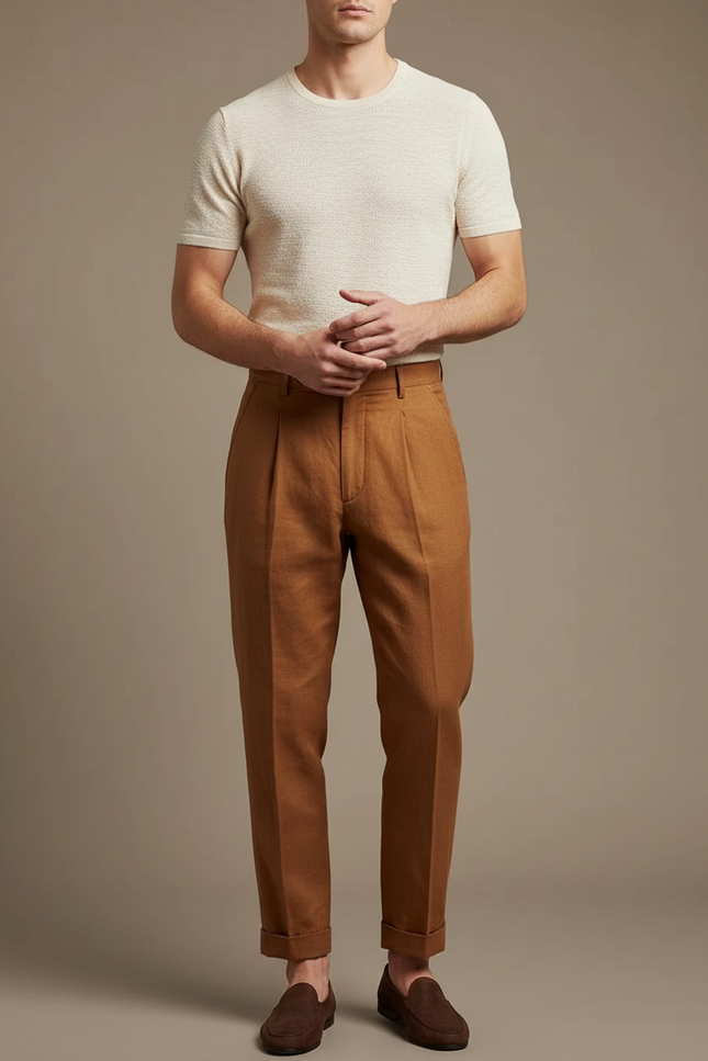 Pantalon Marron Lin Plissé Droit Élégant Homme