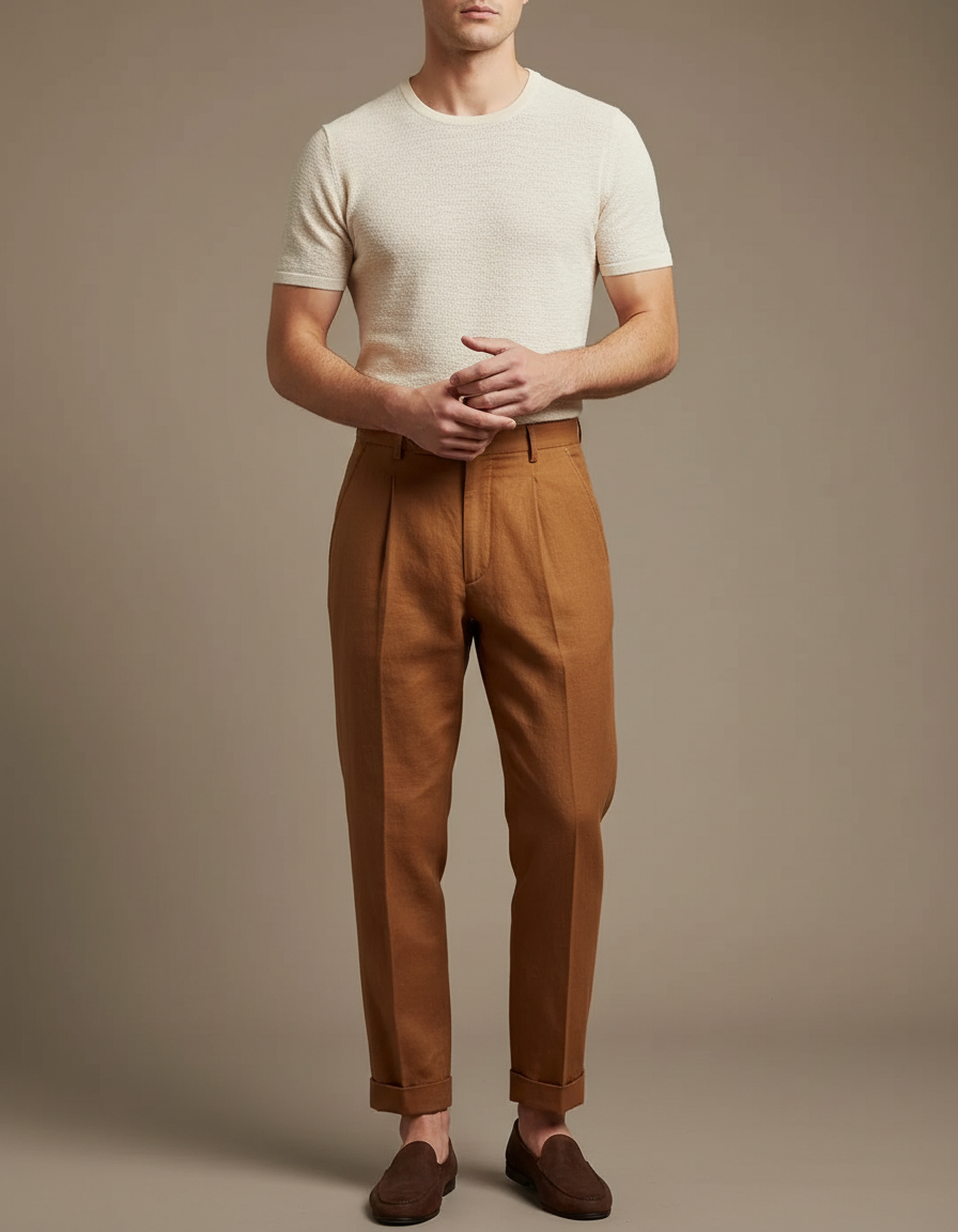 Pantalon Marron Lin Plissé Droit Élégant Homme