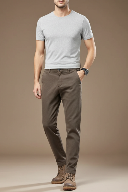 Pantalon Marron Homme Slim Droit Coton Tissé