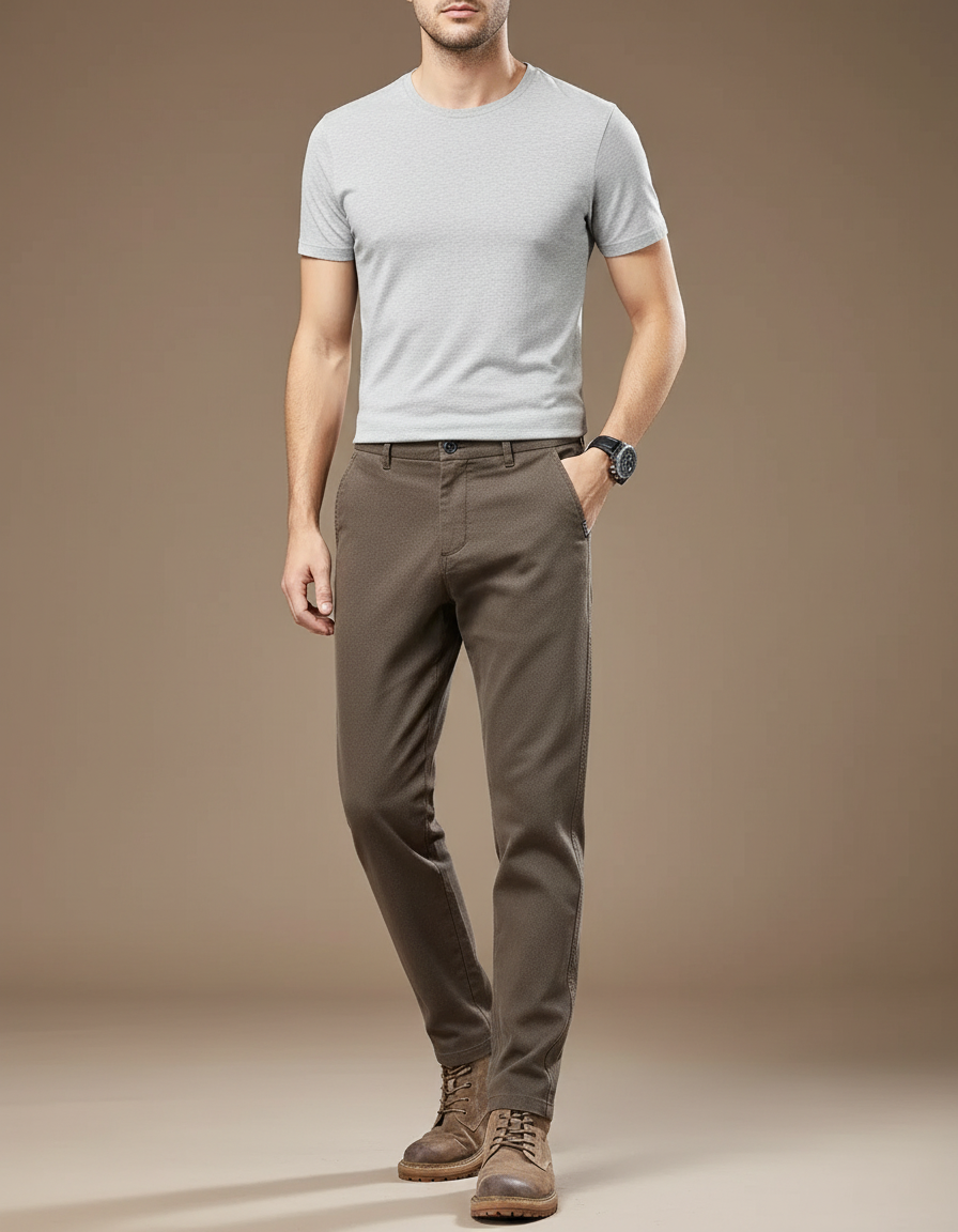 Pantalon Marron Homme Slim Droit Coton Tissé