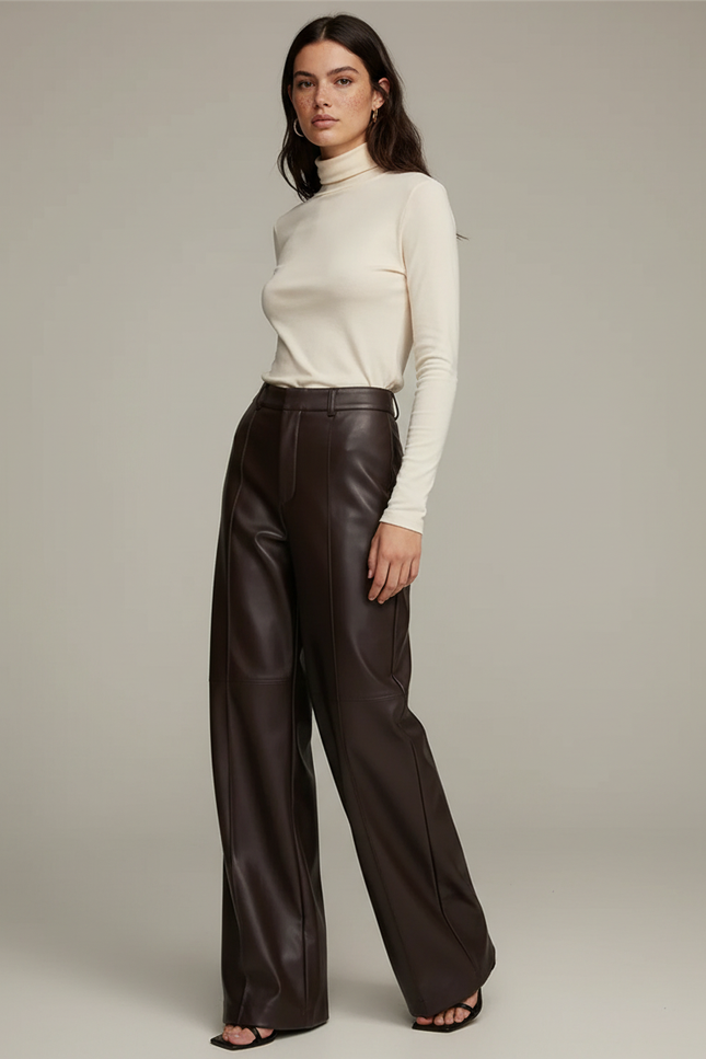 Pantalon Marron Similicuir Large Taille Haute Élégant - Simili cuir