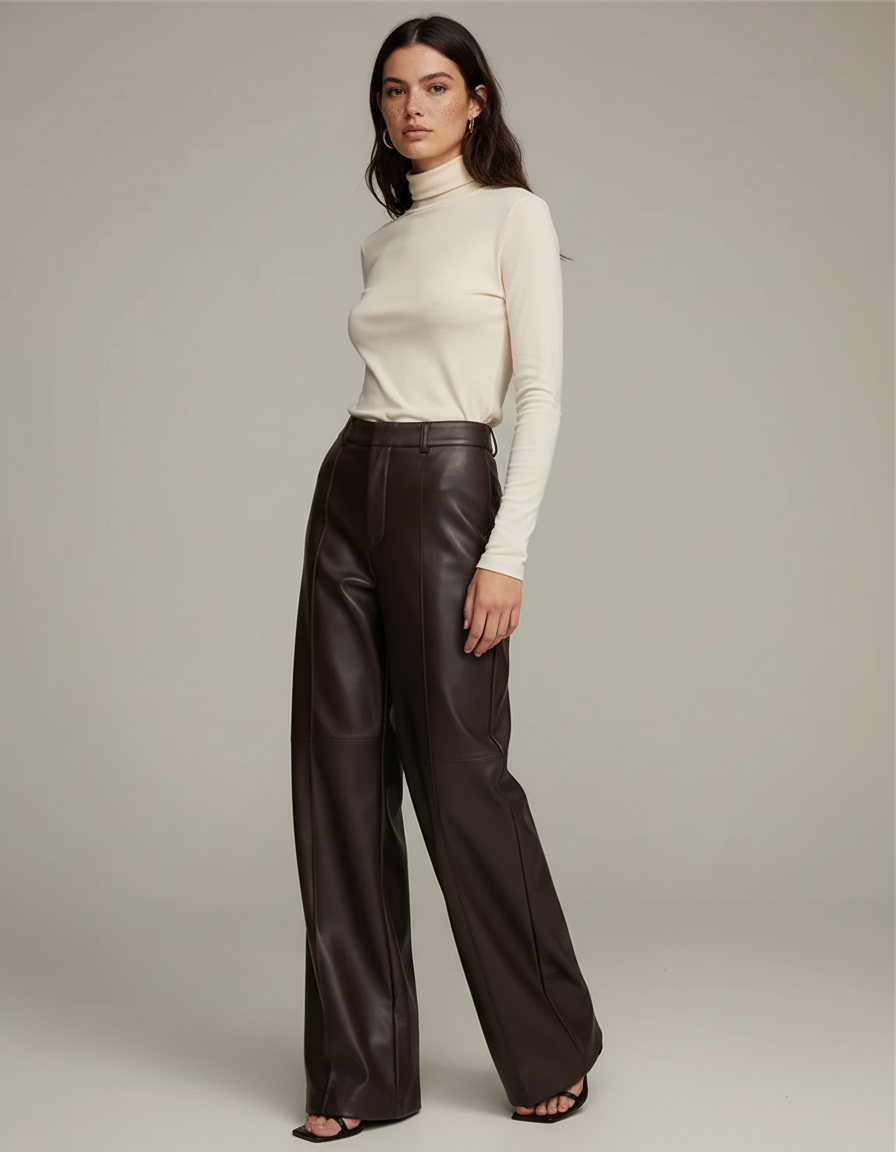 Pantalon Marron Similicuir Large Taille Haute Élégant - Simili cuir