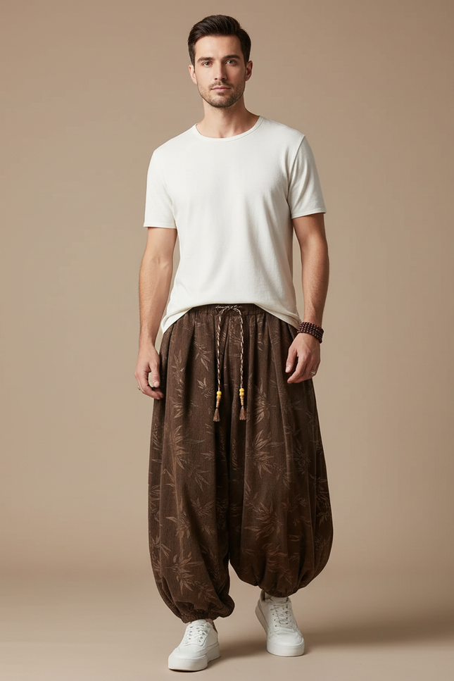 Pantalon Marron Ample Côtelé Fleur Homme Décontracté - Cordé