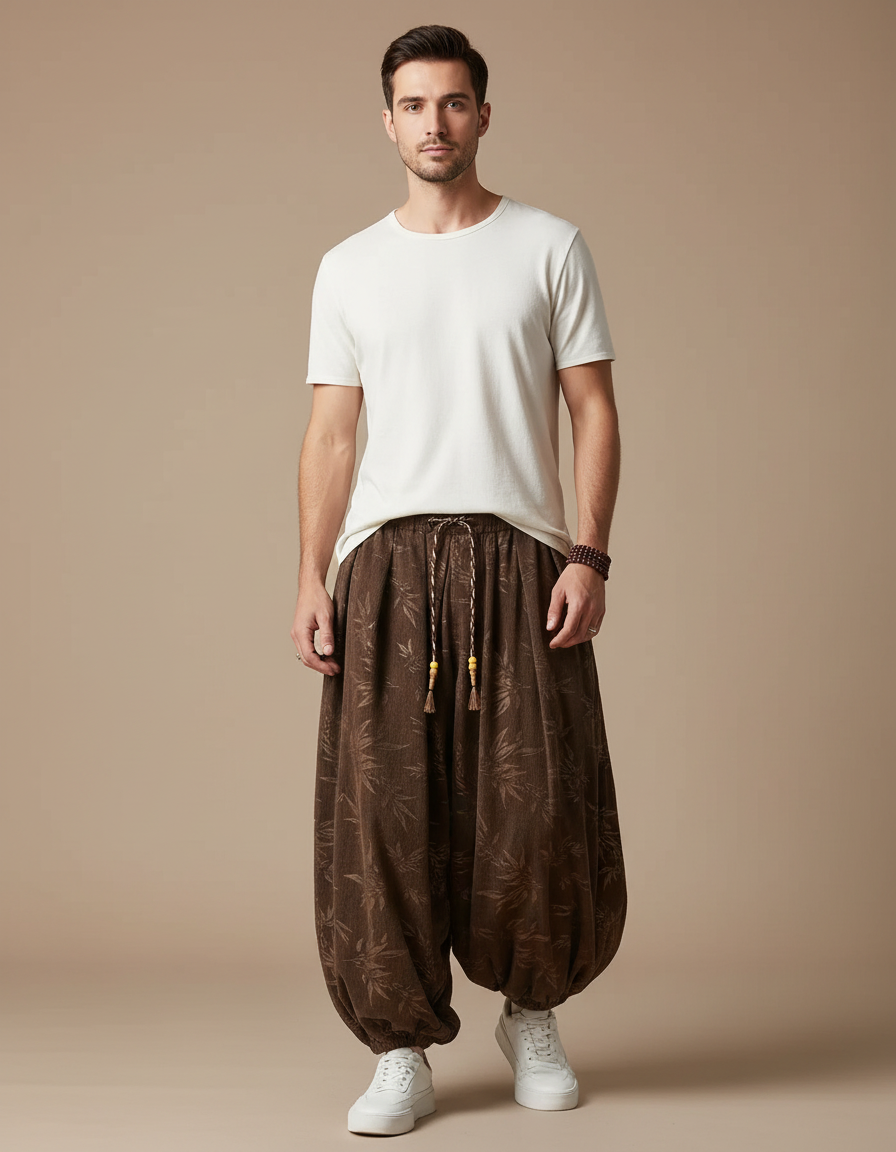 Pantalon Marron Ample Côtelé Fleur Homme Décontracté - Cordé