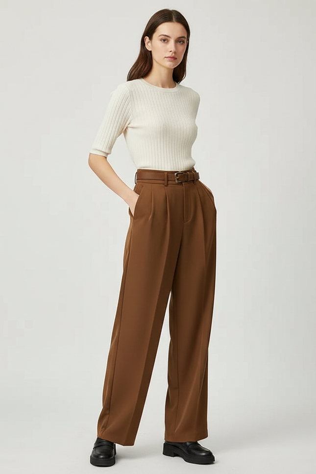 Pantalon Marron Fluide Taille Haute Plissé Décontracté - Polyester