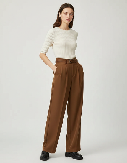 Pantalon Marron Fluide Taille Haute Plissé Décontracté - Polyester