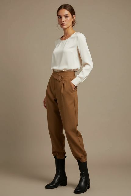 Pantalon Marron Laine Plissé Ample Décontracté Femme
