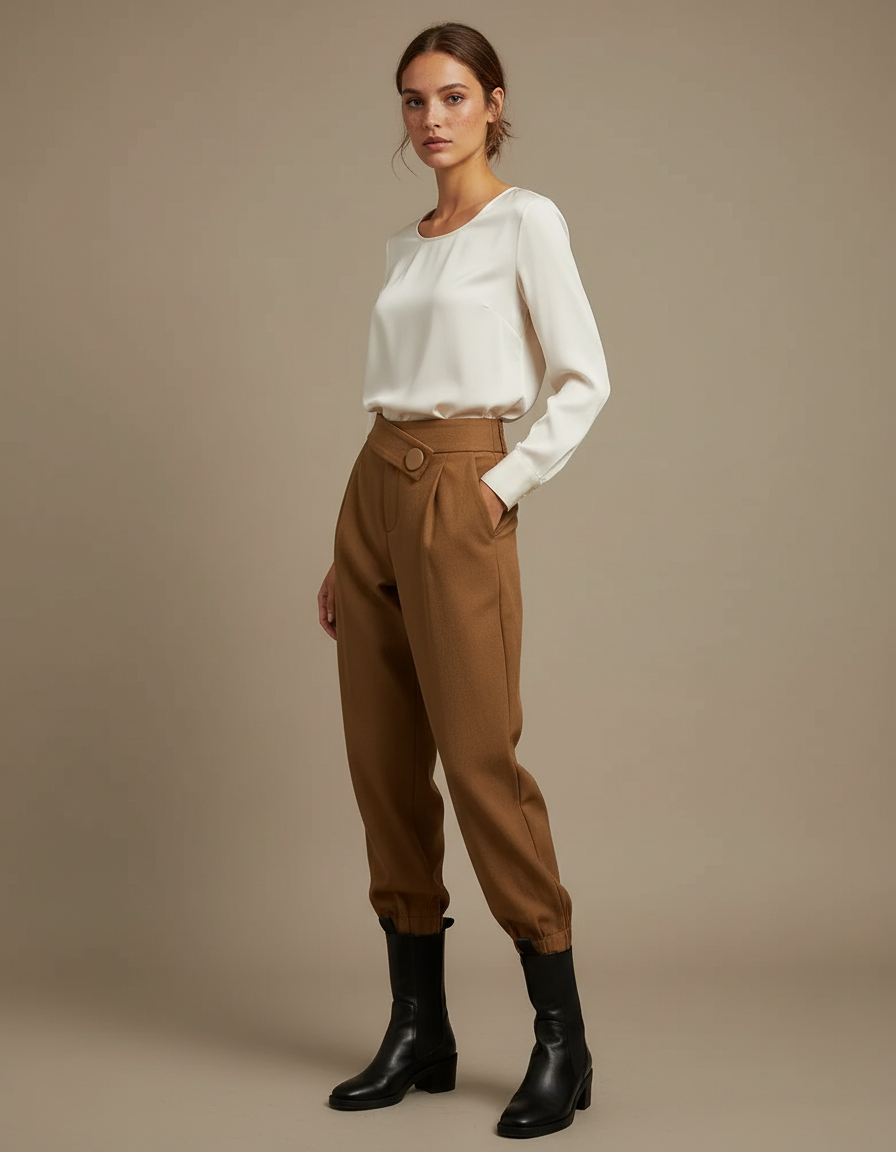 Pantalon Marron Laine Plissé Ample Décontracté Femme