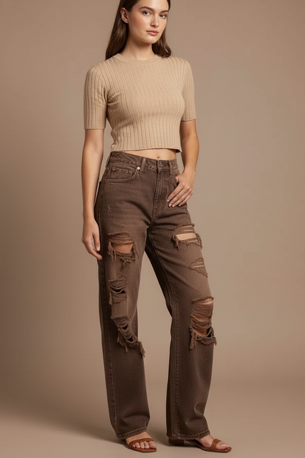 Pantalon Marron Déchiré Vintage Délavé Droit Femme - Jean