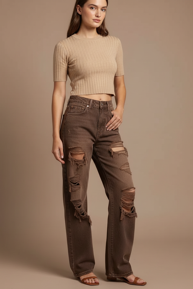 Pantalon Marron Déchiré Vintage Délavé Droit Femme - Jean