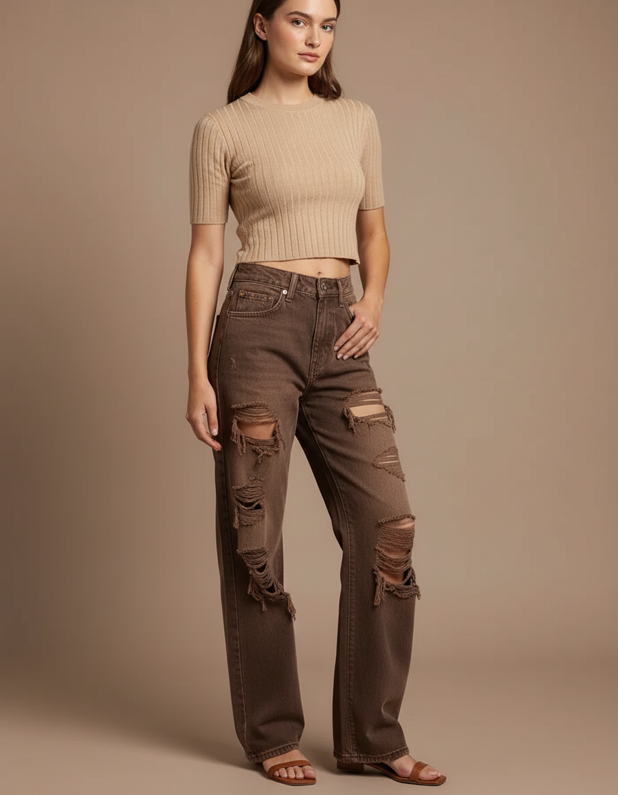 Pantalon Marron Déchiré Vintage Délavé Droit Femme - Jean