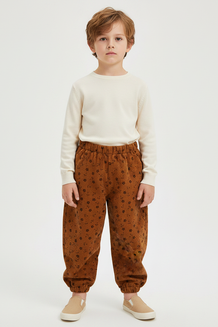Pantalon Marron Côtelé Ample Fleuri Enfant - Cordé