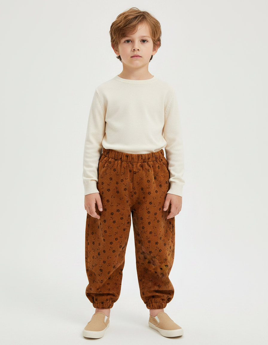 Pantalon Marron Côtelé Ample Fleuri Enfant - Cordé