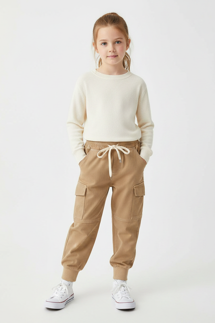 Pantalon Marron Cargo Coton Décontracté Enfants Confortable - Camel Molleton