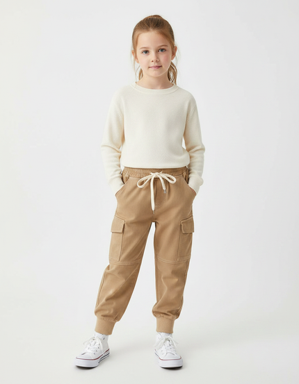 Pantalon Marron Cargo Coton Décontracté Enfants Confortable - Camel Molleton