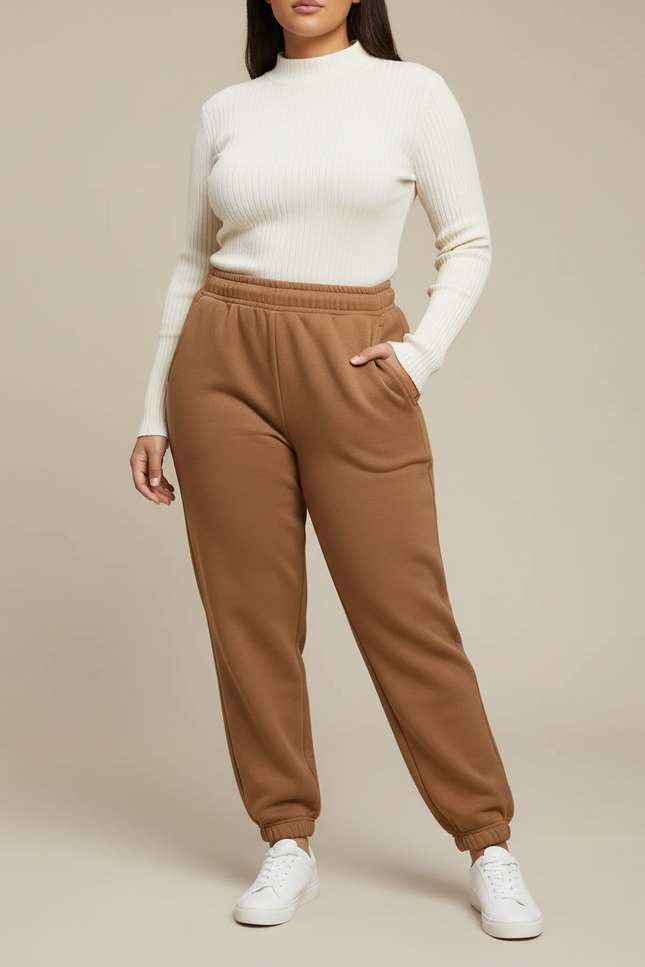Pantalon Marron Ample Molletonné Confortable Élastique Femme