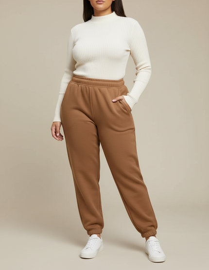 Pantalon Marron Ample Molletonné Confortable Élastique Femme