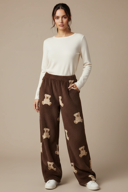 Pantalon Marron Polaire Oursons Ample Doux - Molleton
