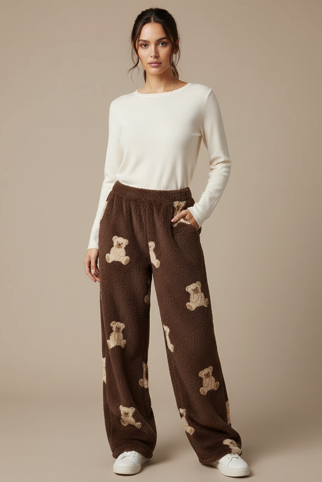 Pantalon Marron Polaire Oursons Ample Doux - Molleton