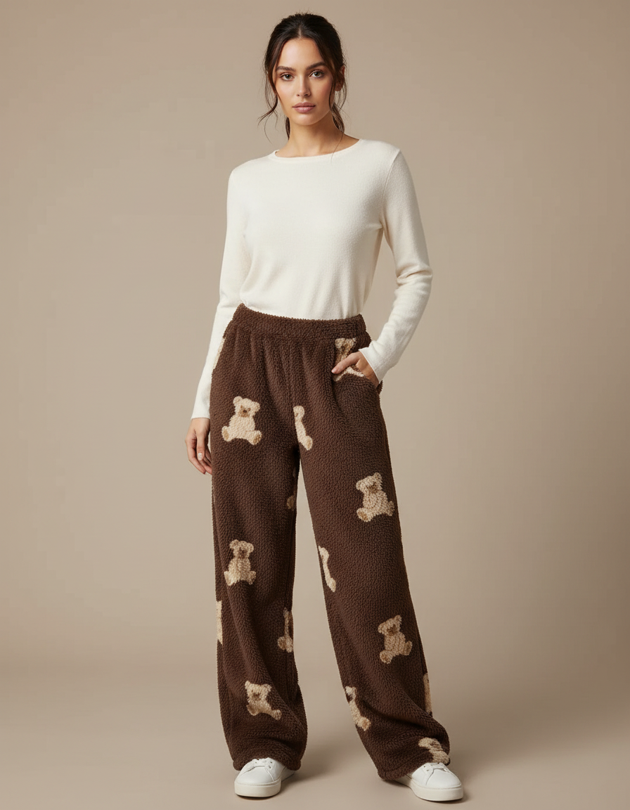 Pantalon Marron Polaire Oursons Ample Doux - Molleton