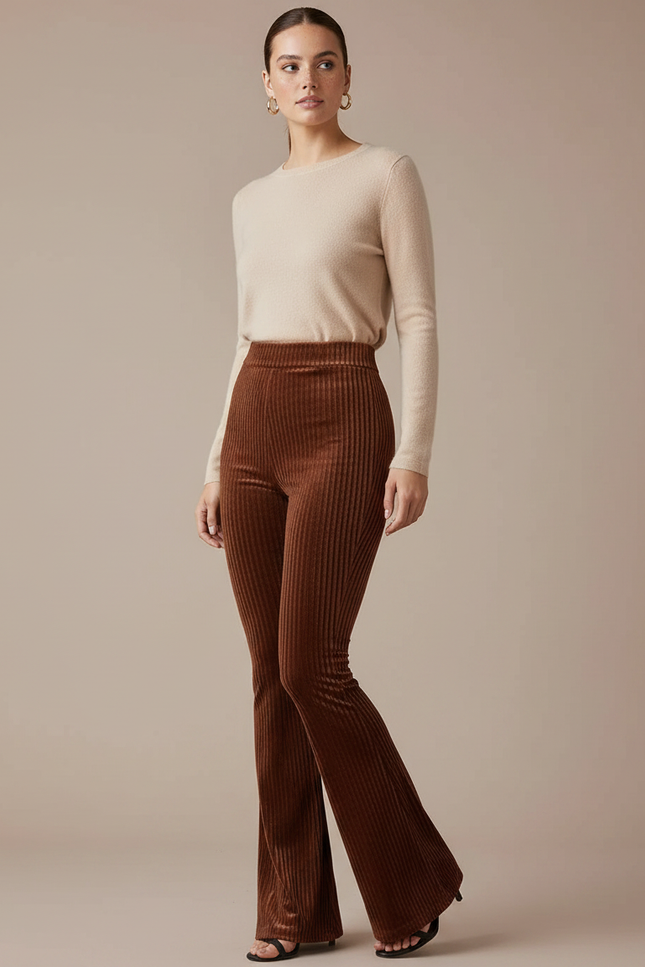 Pantalon Marron Velours Côtelé Évasé Taille Haute Femme - Cordé