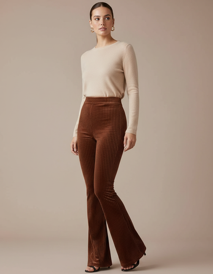 Pantalon Marron Velours Côtelé Évasé Taille Haute Femme - Cordé