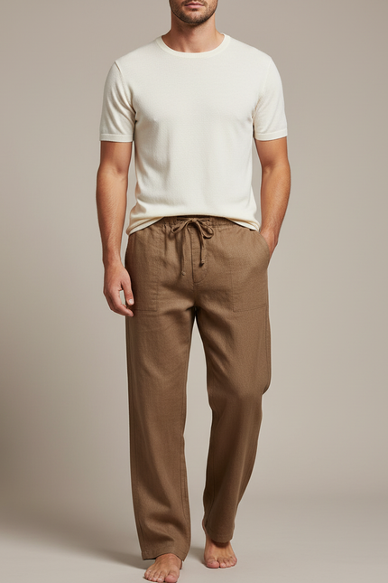Pantalon Marron Lin Ample Décontracté Homme