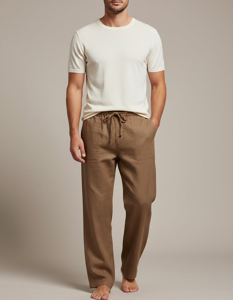 Pantalon Marron Lin Ample Décontracté Homme