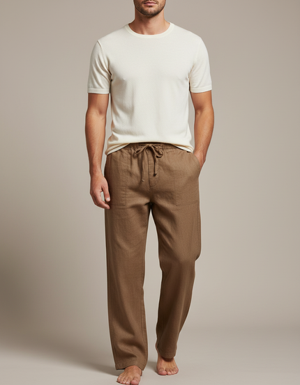 Pantalon Marron Lin Ample Décontracté Homme