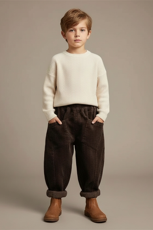 Pantalon Marron Côtelé Ample Élastique Poches Garçon - Cordé