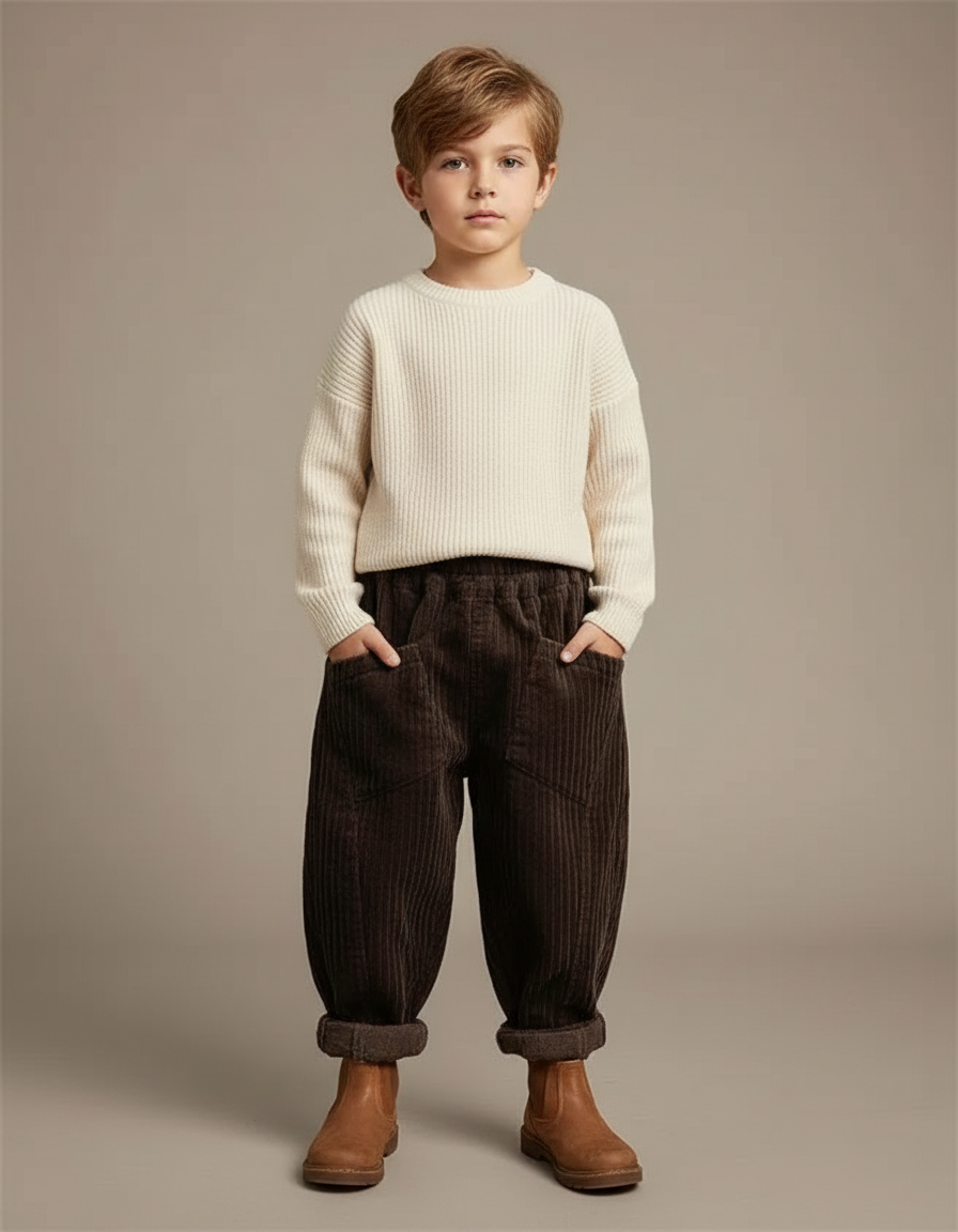 Pantalon Marron Côtelé Ample Élastique Poches Garçon - Cordé